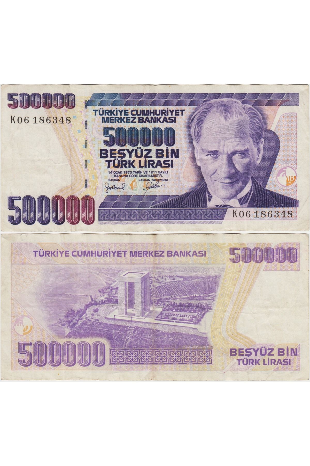 Banknoting TÜRKİYE CUMHURİYETİ 7. EMİSYON 4. TERTİP 500.000 LİRA K06. ÇOK ÇOK TEMİZ(-) KONDİSYON.