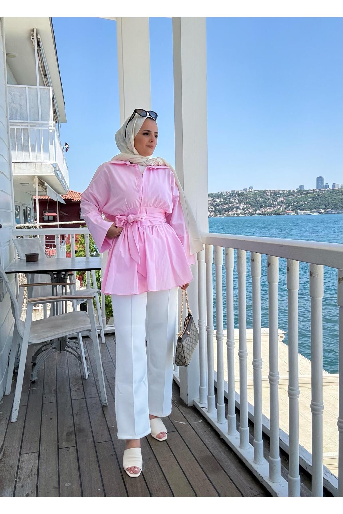 Aselim Hijap Moda Poplin Kimono -Scuba Pantolonlu Gömlekli Takım Pembe