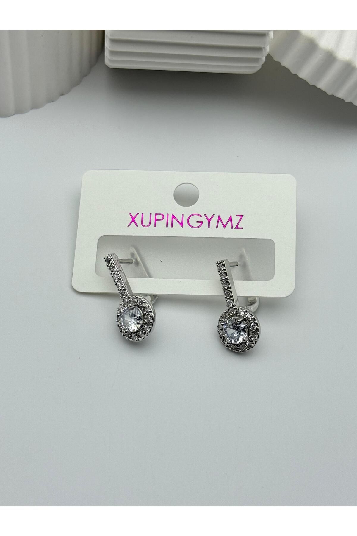 XUPINGYMZ Xp Vip Kararmaz Gümüş Renk Yuvarlak Baget Zirkon Taşlı Küpe