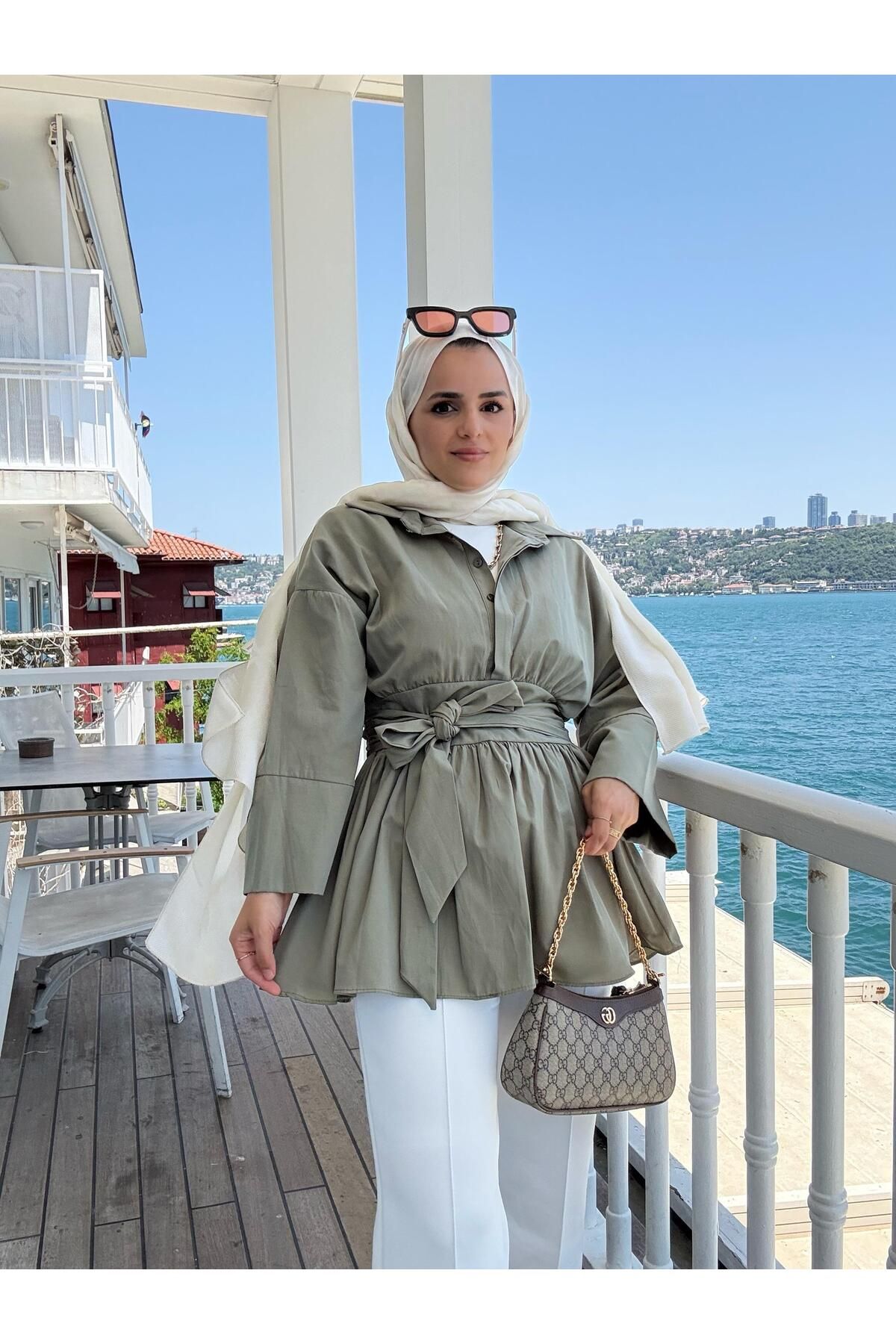 Aselim Hijap Moda Poplin Kimono -Scuba Pantolonlu Gömlekli Takım Yeşil