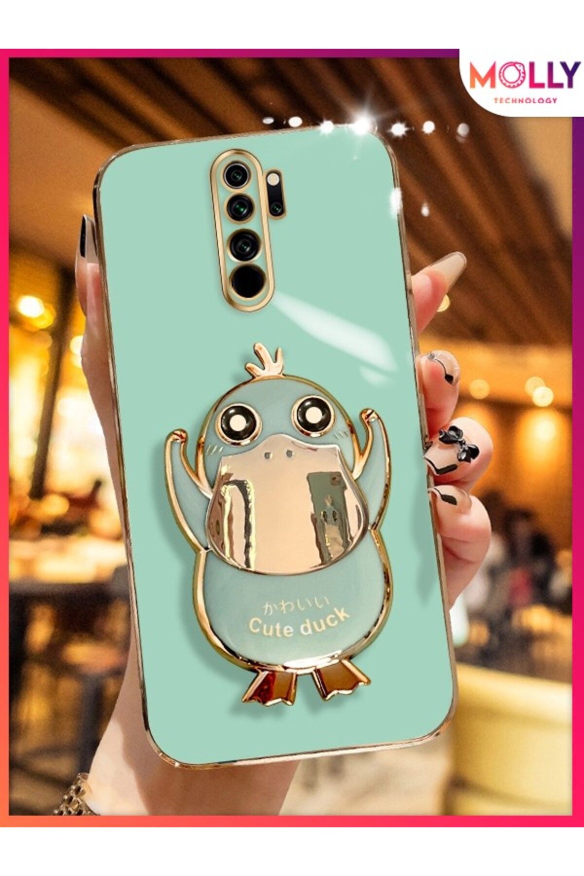 Molly Xiaomi Redmi 9 İçin Su Yeşili Sevimli Ördek Standlı Kenarları Gold Detaylı Lüks Silikon Kılıf