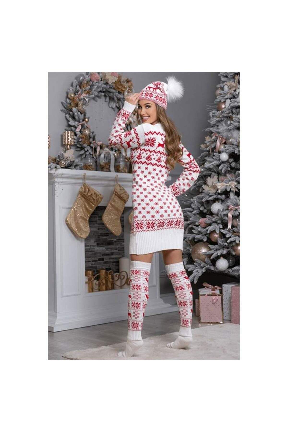 SIKS-Set de Crăciun pentru femei, set tricotaje 3 piese, rochie, șosete lungi, căciulă, alb/roșu, mărime universală 4