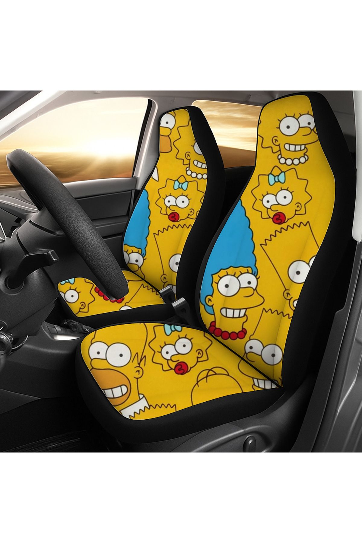 trivexa The Simpsons Ailesi Temalı Oto Koltuk Kılıfı Ön ve Arka | Sarı Zeminli Renkli Tasarım