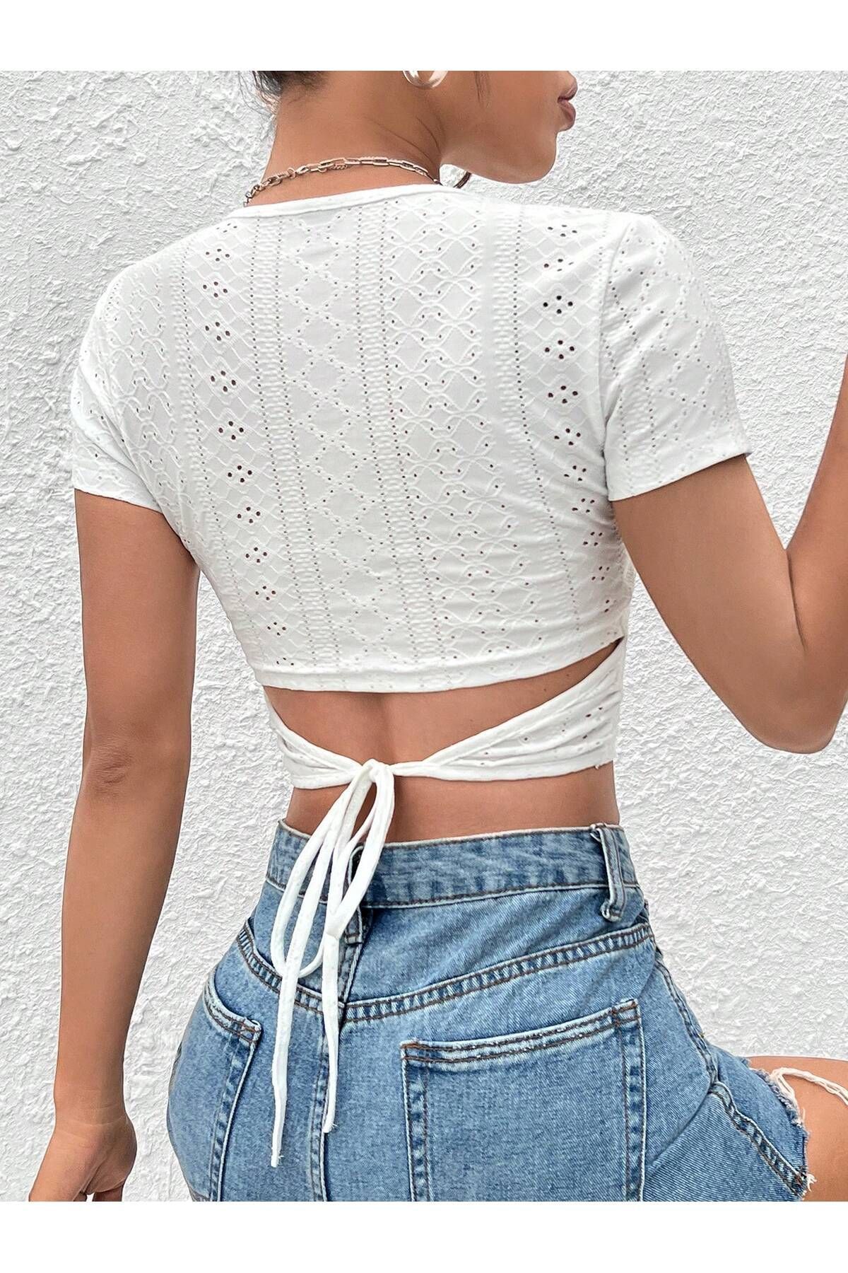 MEREN LİKE YOUR SYLE Beyaz Belden Bağlamalı Kısa Kollu Crop Bluz