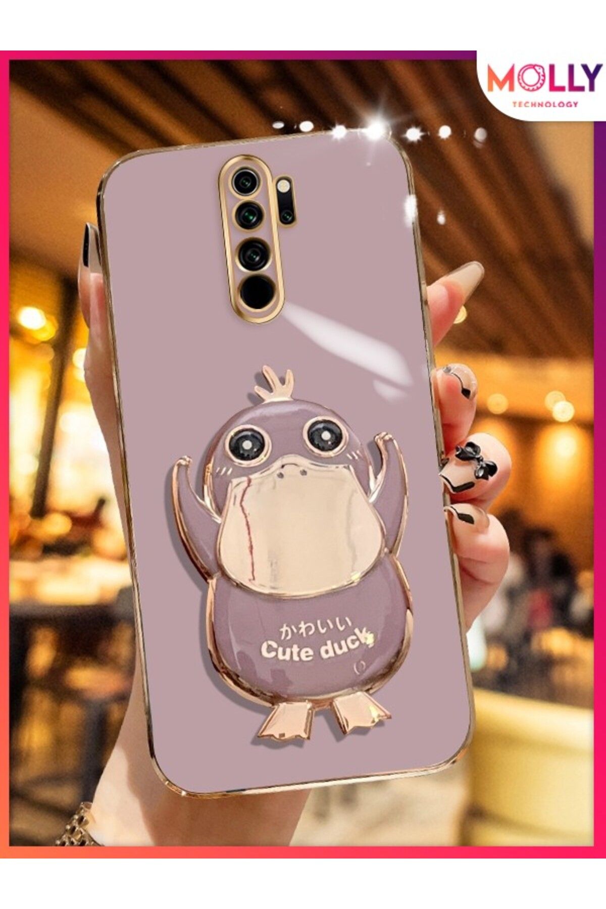 Molly Xiaomi Redmi 9 İçin Lila Sevimli Ördek Standlı Kenarları Gold Detaylı Lüks Silikon Kılıf