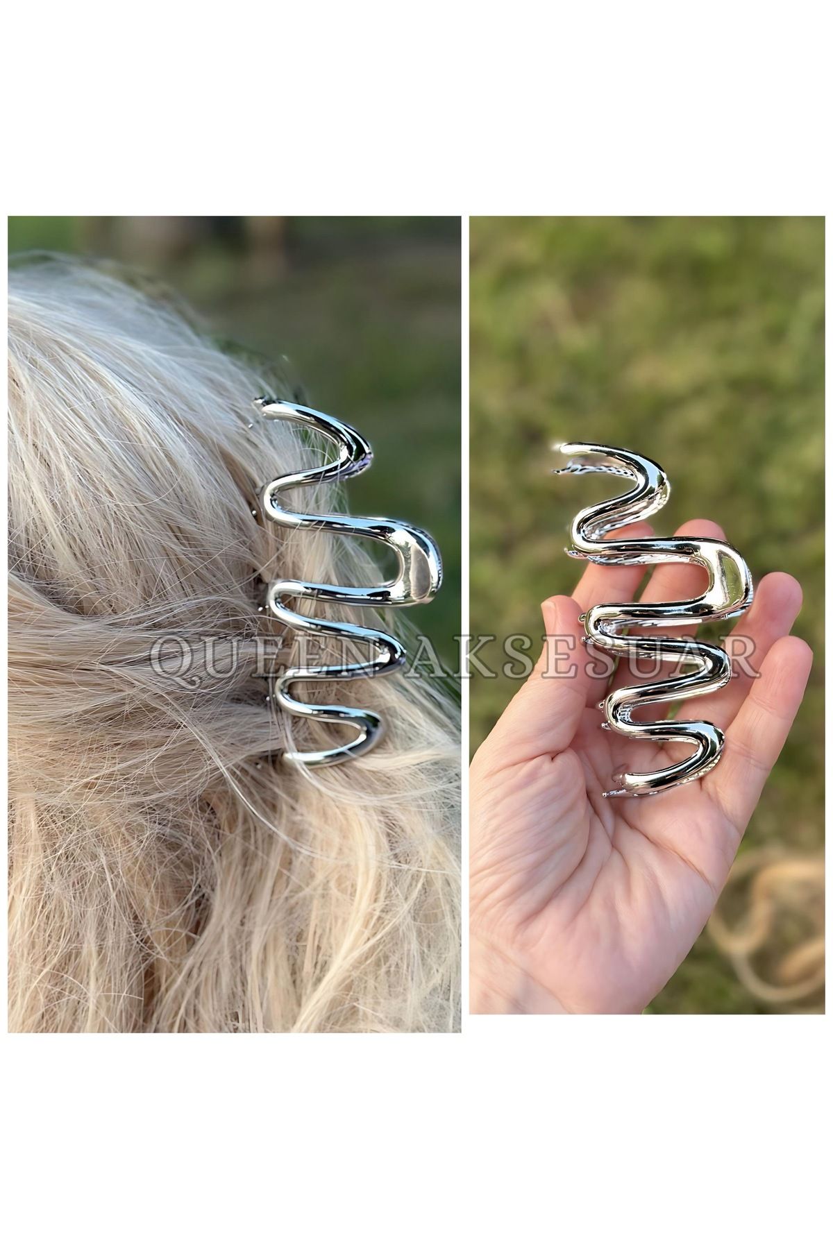 QUEEN AKSESUAR Lüks Trend eğrisi moda iri büyük metal sprial burgu yay model gümüş gri mandal toka