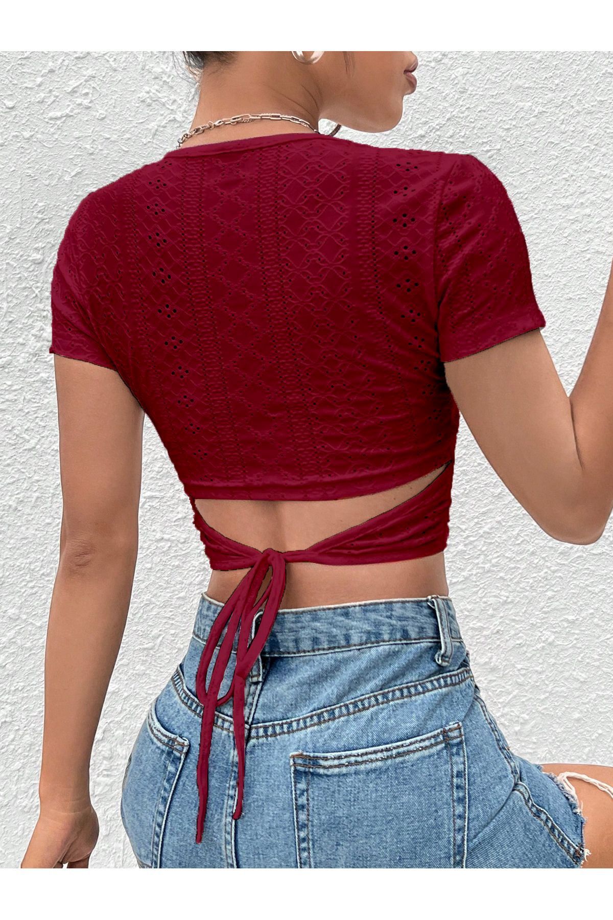 MEREN LİKE YOUR SYLE Bordo Belden Bağlamalı Kısa Kollu Crop Bluz