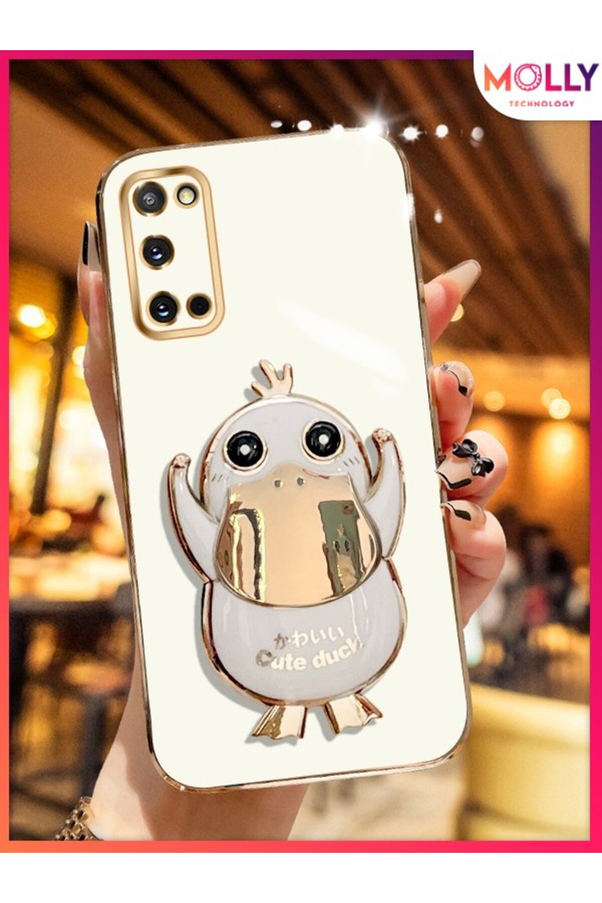 Molly Samsung Galaxy S20 İçin İnci Beyazı Sevimli Ördek Standlı Kenarları Gold Detaylı Lüks Silikon Kılıf