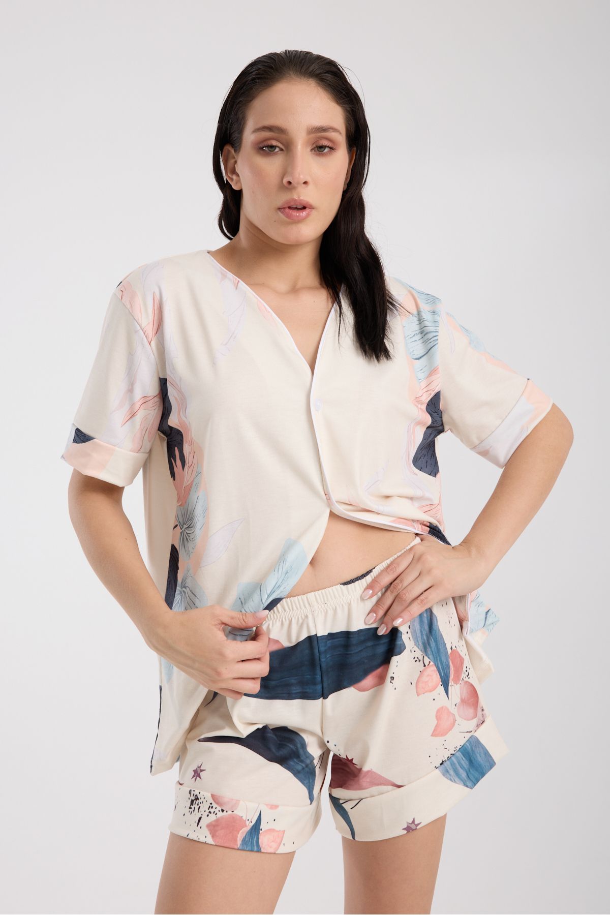 Rasabeauty Calm Gömlek Şort Düğmeli Pijama Takımı Renkli Desenli Pijama Takımı