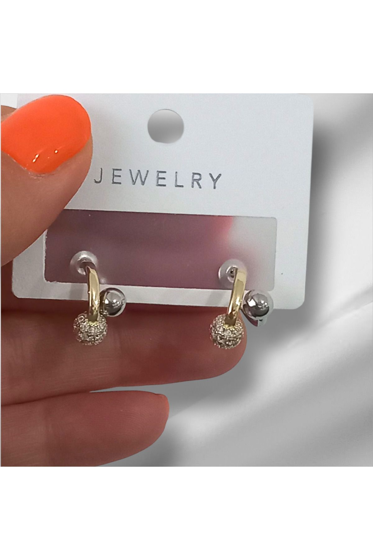 JEWELRY İki Renk Taş Detaylı Topçuk Küpe