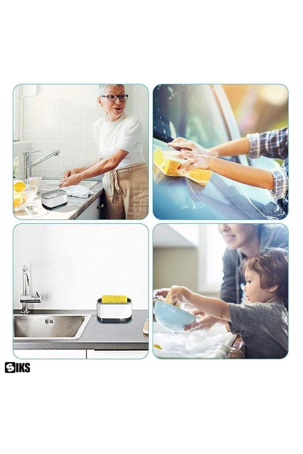 SIKS-Dozator de săpun 2 în 1, detergent lichid, capacitate 350 ml, burete inclus, alb/gri 4