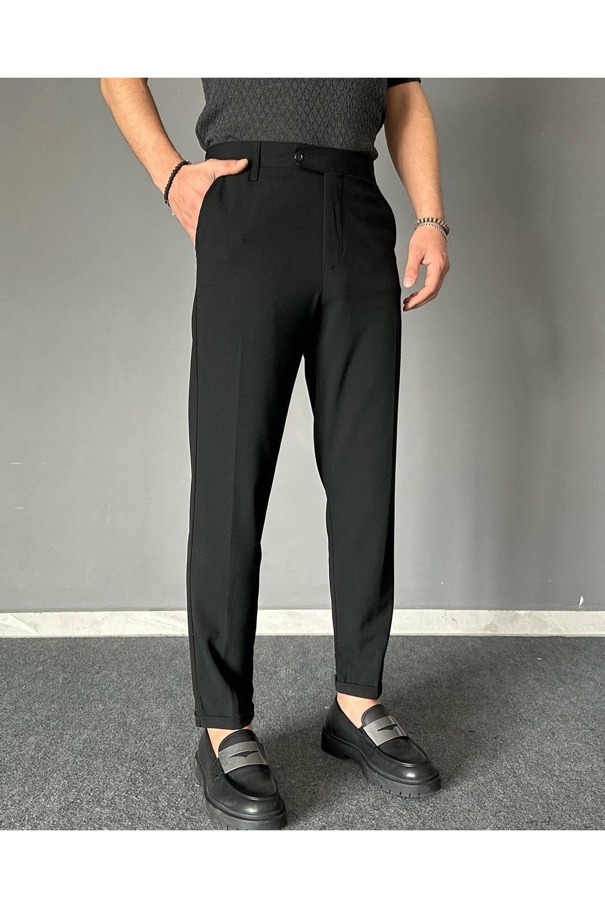 Mores Kısa Dilli Yarı Bel Lastikli Kumaş Boyfriend Pantolon