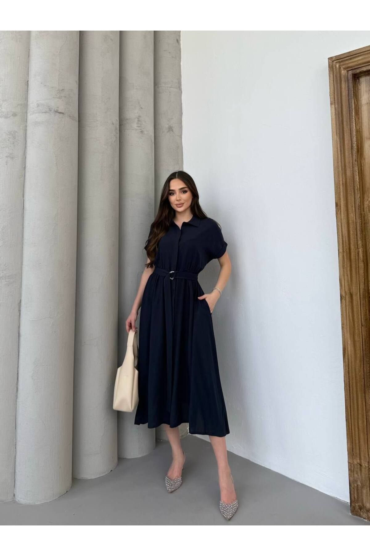 moda paketi Keten Midi Boy Kemerli Elbise