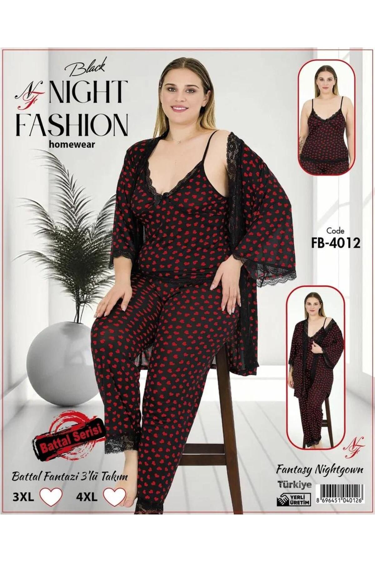 Emir Store Büyük Beden Sabahlıklı 3lü Kadın Pijama Takımı