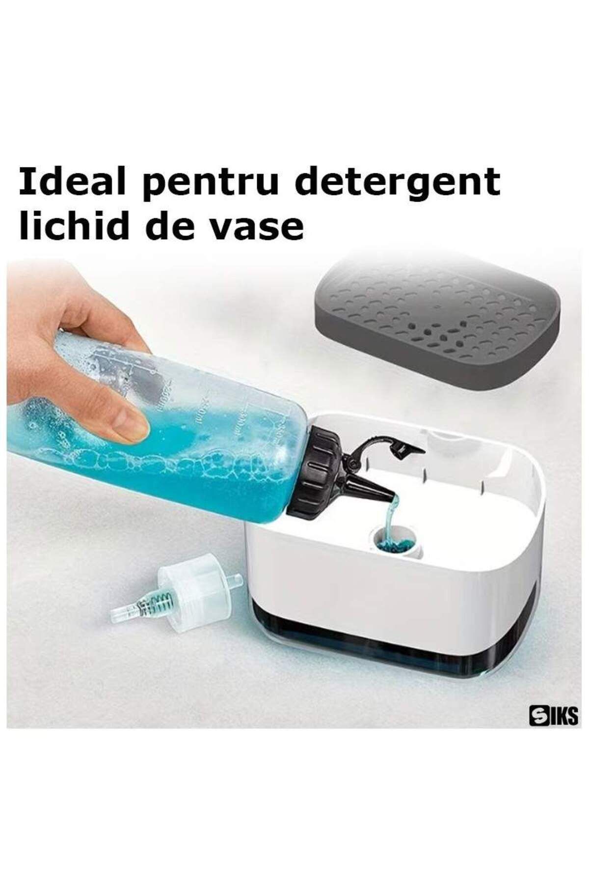 SIKS-Dozator de săpun 2 în 1, detergent lichid, capacitate 350 ml, burete inclus, alb/gri 3