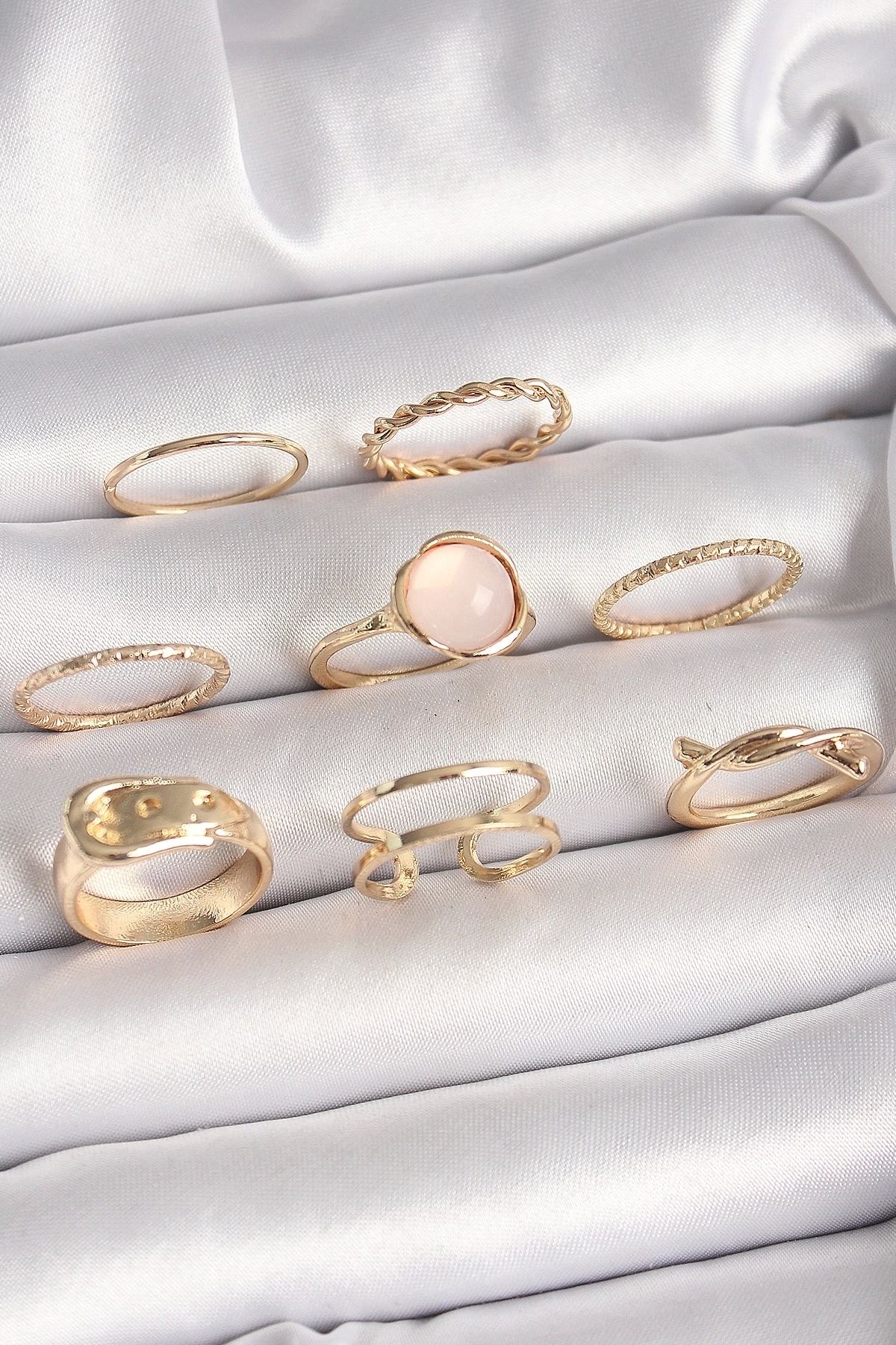 Generic Pirinç Gold Renk Pembe Mineli Kemer Model Kadın Yüzük Kombini