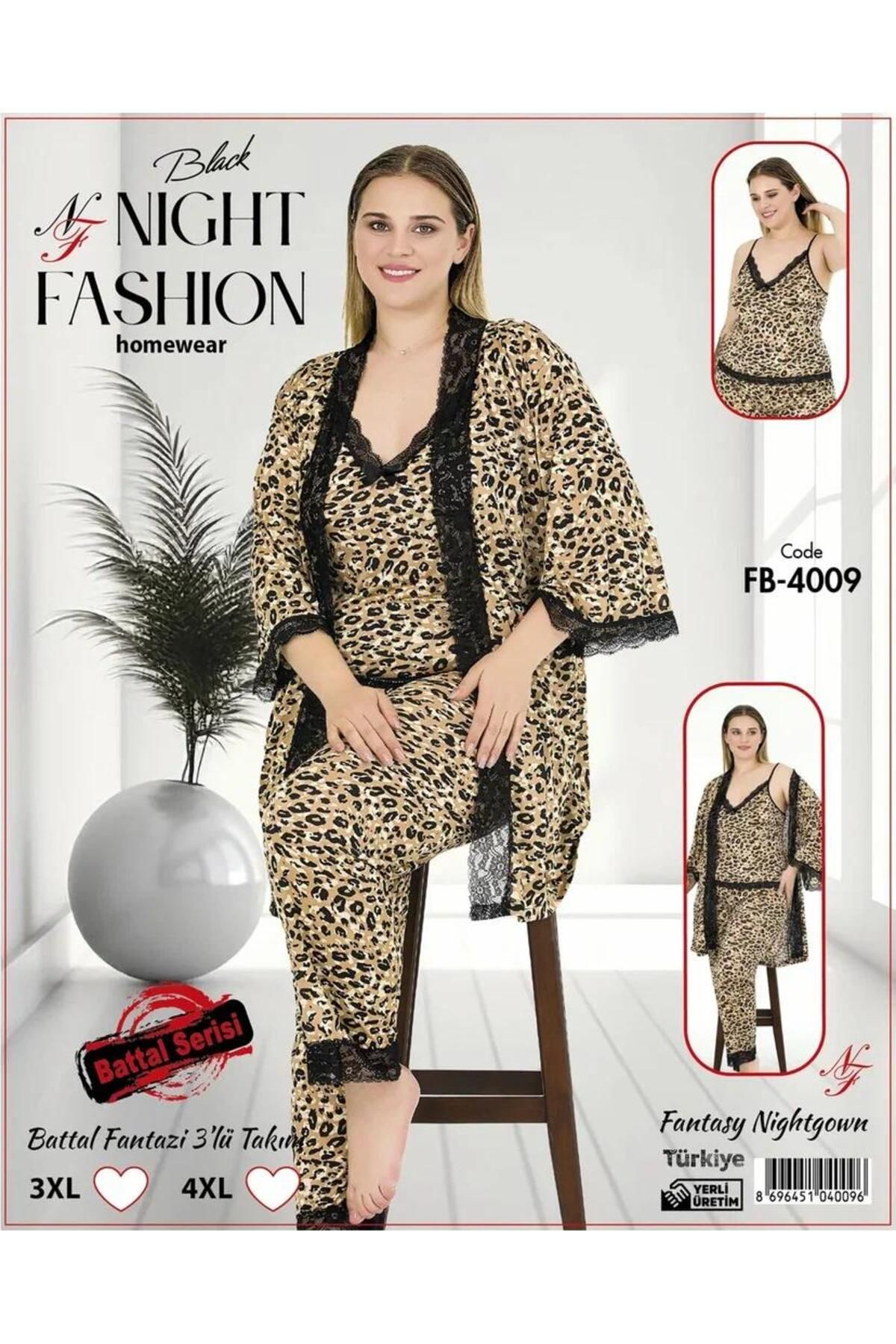 Emir Store Büyük Beden Sabahlıklı 3lü Kadın Pijama Takımı