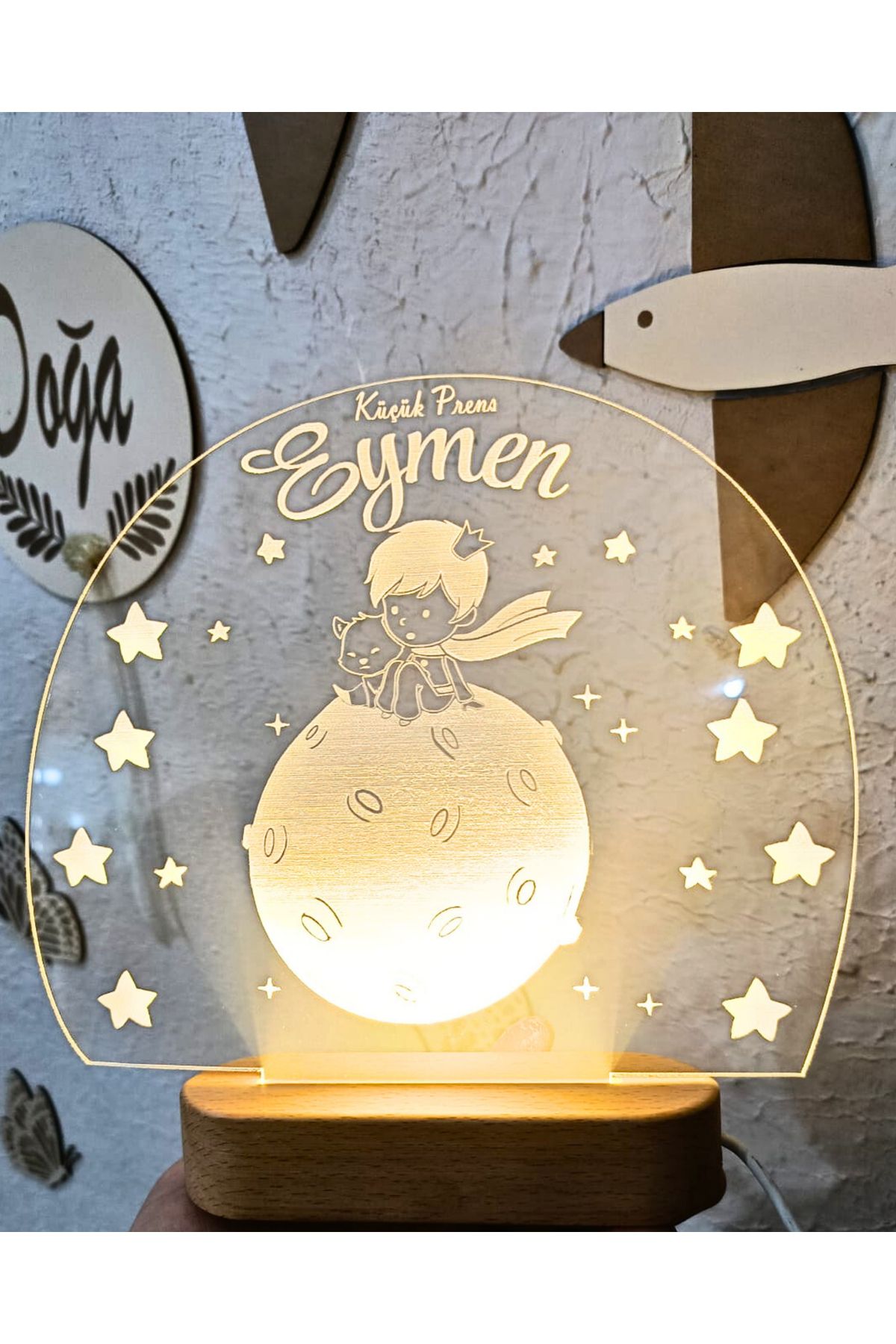 MİSHE TASARIM Mishe Tasarım 3D Dekoratif Led Lamba Küçük Prens Çocuk Odası Masa Üstü Gece Lambası (İsim Yazılır)