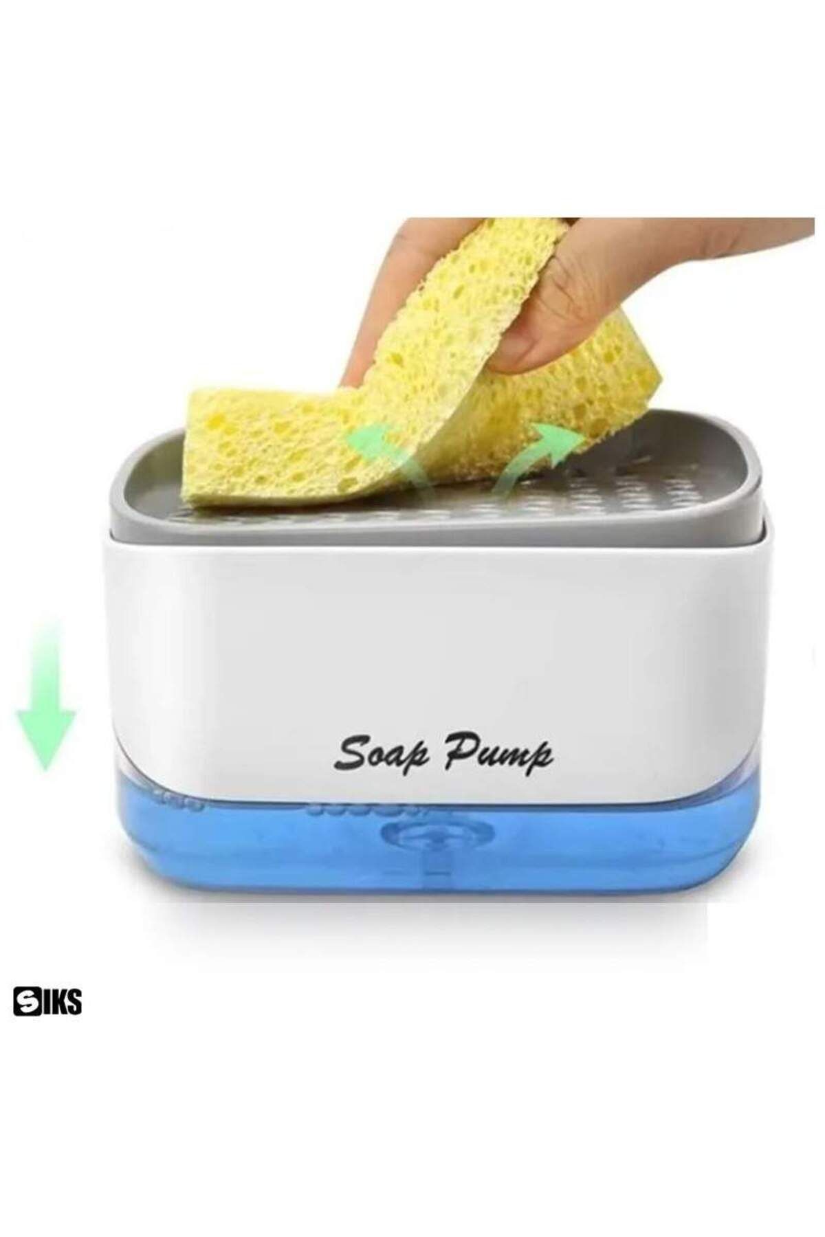 SIKS-Dozator de săpun 2 în 1, detergent lichid, capacitate 350 ml, burete inclus, alb/gri 2