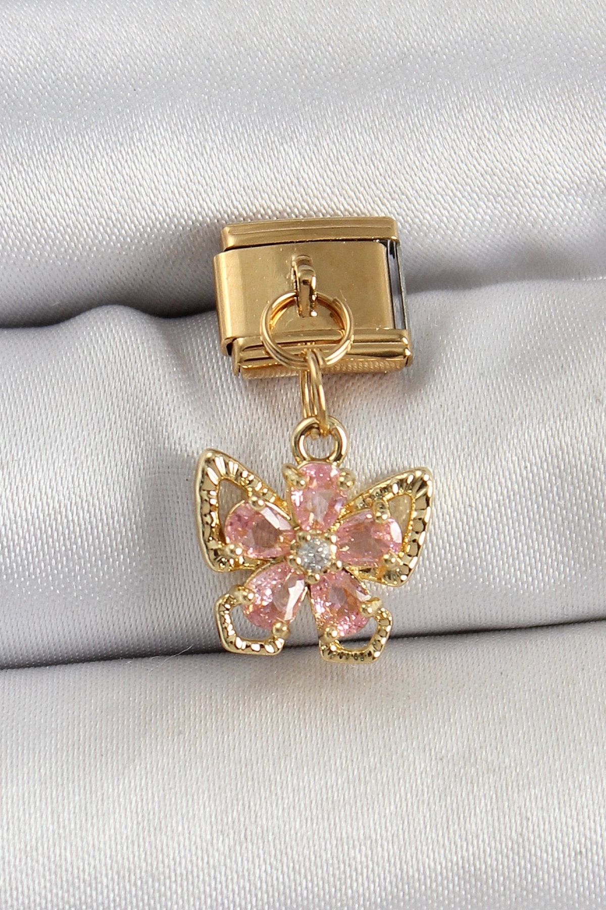 luz&pos 316L Çelik Sallantılı Zirkon Taşlı Çiçek Figürlü Kelebek Model Gold Renk Nomination Charm