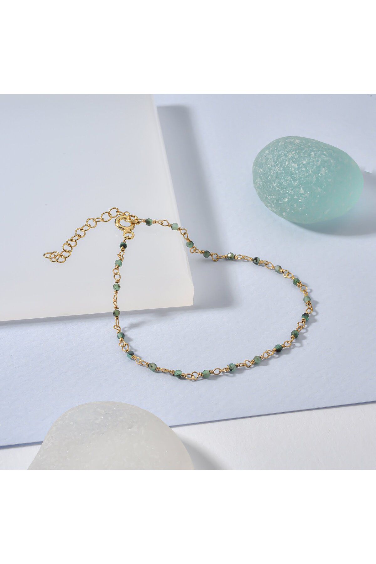 Nox Jewelry 14 Ayar Altın Kaplama Zümrüt Doğal Taşlı El Yapımı Gümüş Bileklik - CBS00127