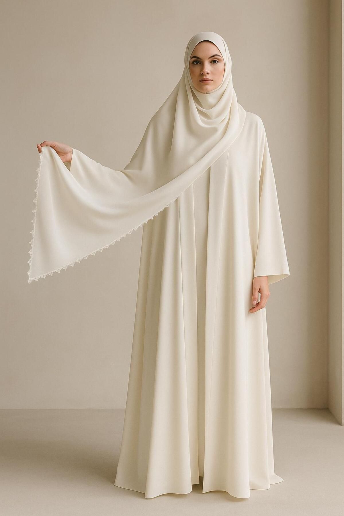 Buket Veli Atelier Ekru Abaya ve İğne Oyalı Şal Set Namazlık Umre Nikah Krep Jorjet Ferace