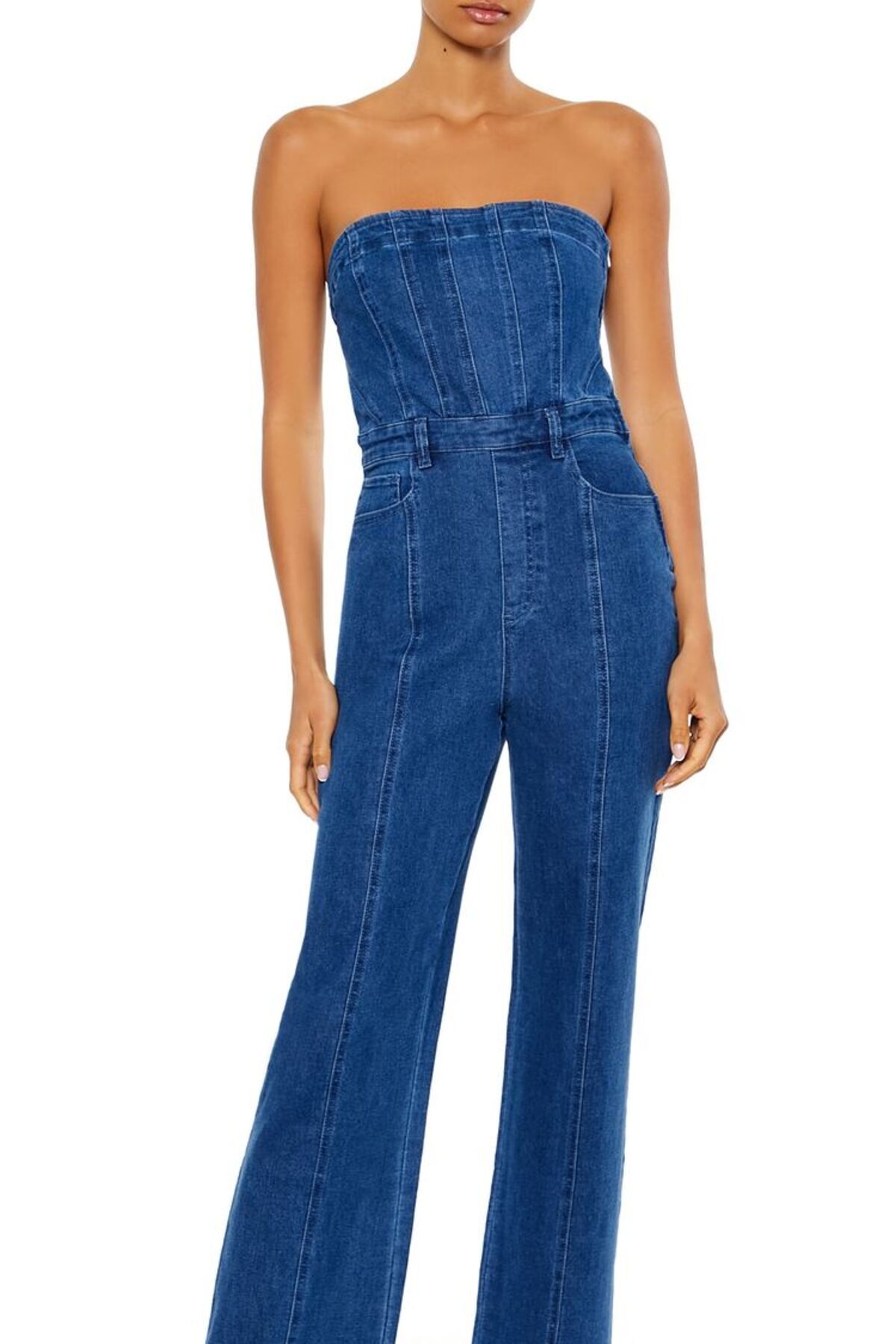 Forever 21 Denim Straplez Yaka Tulum
