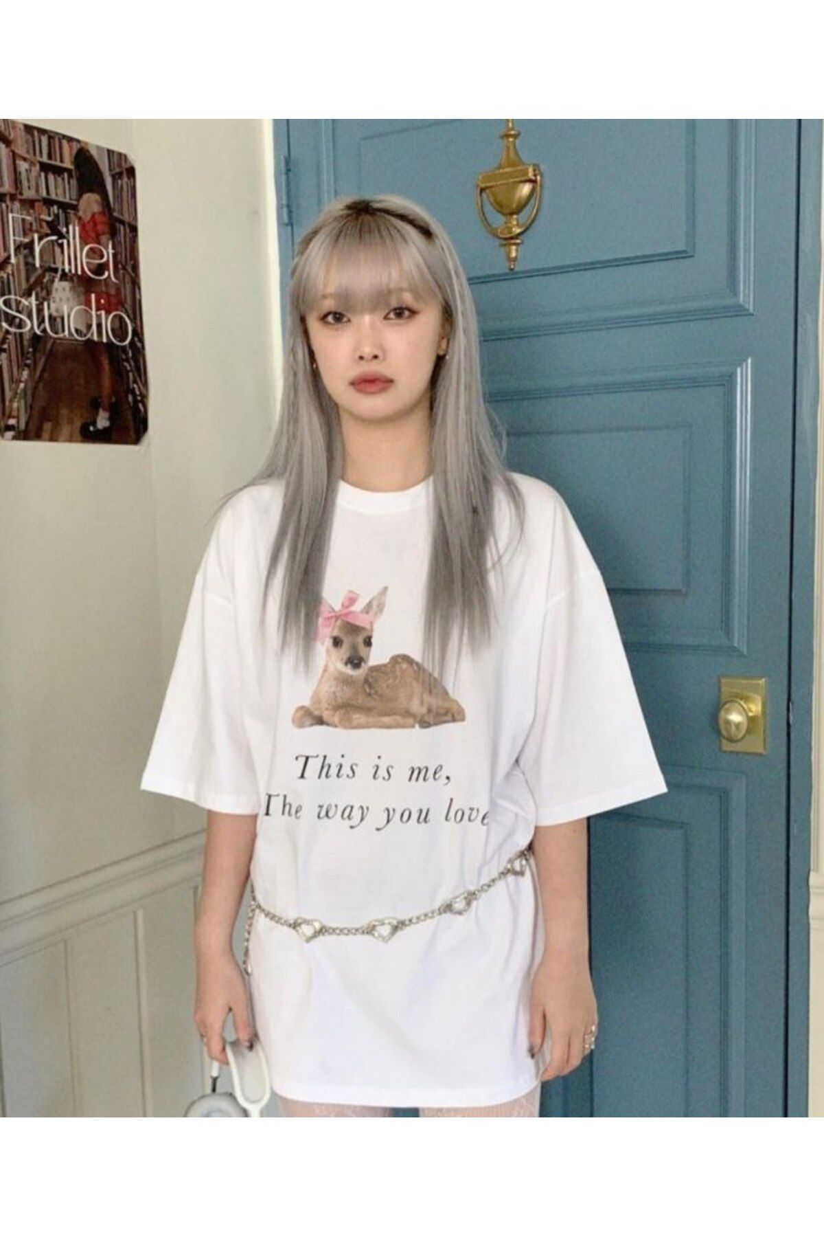Butik Geyik Baskılı Pamuklu Kumaş Kısa Kollu Oversize T-shirt