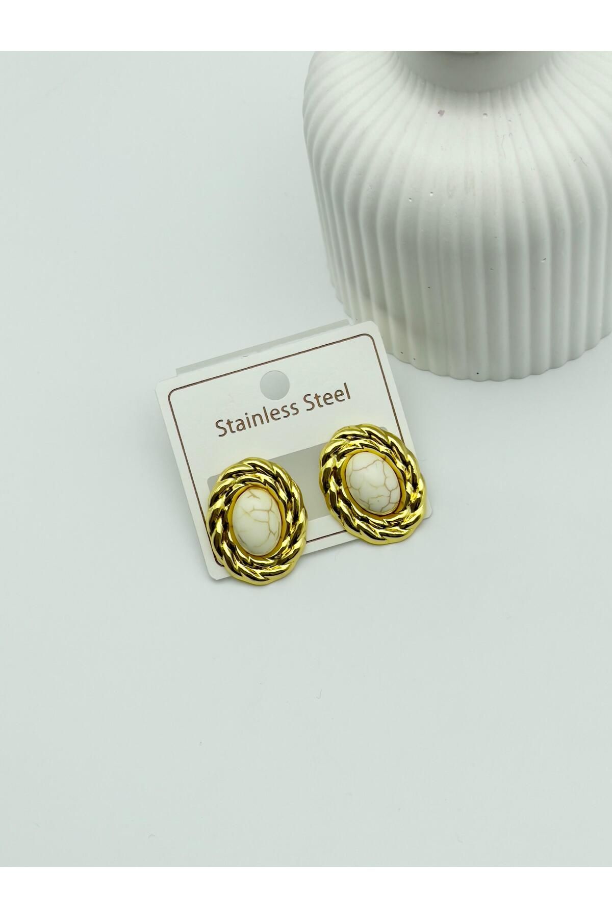ilvesa shop Yeni Sezon Kararmaz Doğal Taşlı Yuvarlak Çelik Küpe