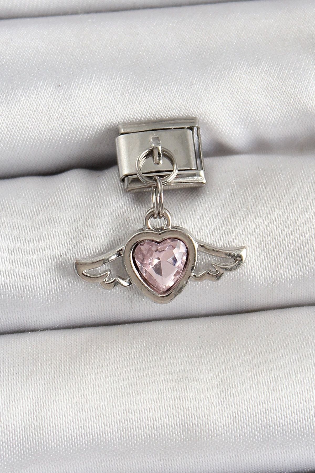 luz&pos 316L Çelik Gümüş Renk Pembe Kanatlı Kalp Model Nomination Charm