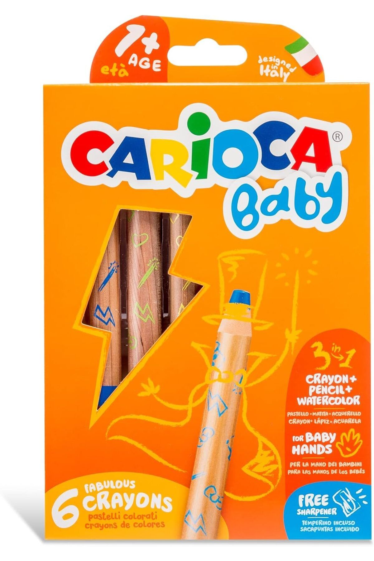 CARIOCA 3 In 1 Jumbo Bebek Ahşap Gövdeli Boya Kalemi 6'LıKalemtraş Hediyeli