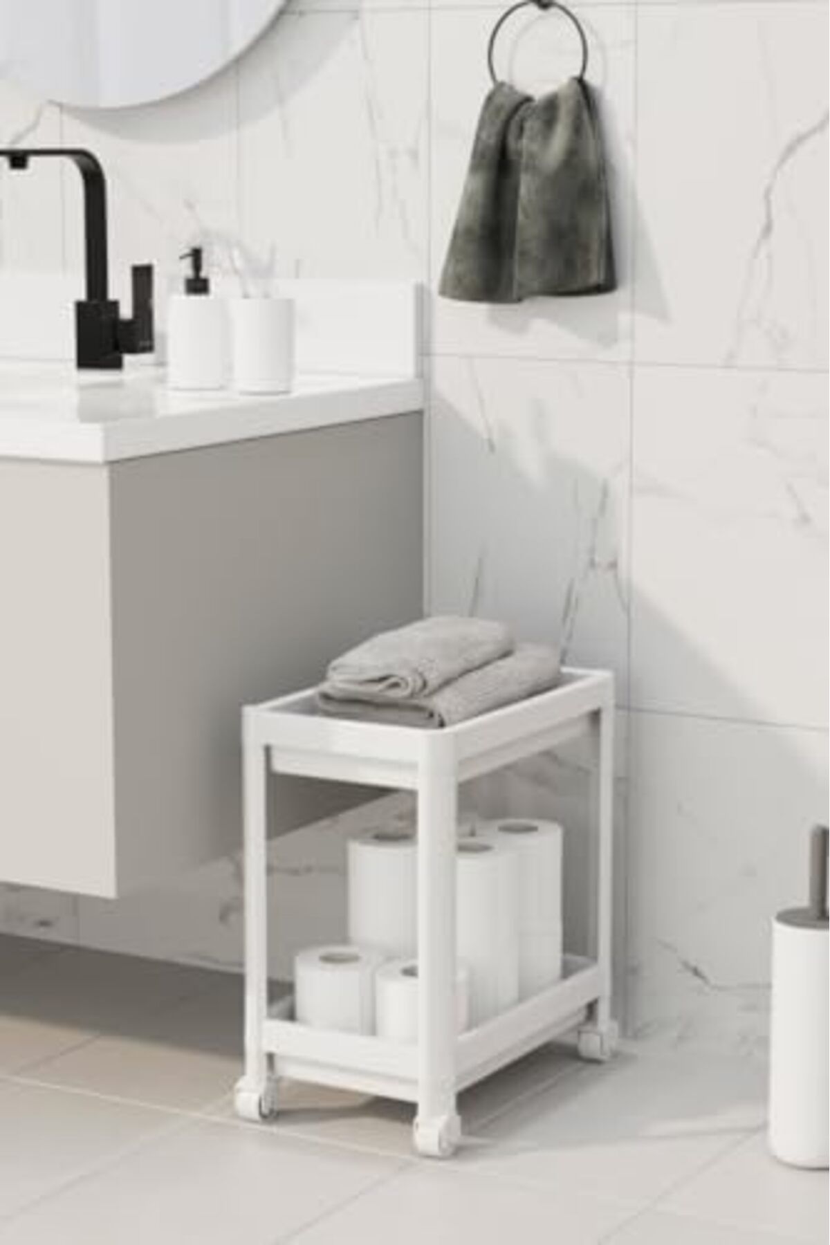 STOREMAX 2 Katlı Tekerlekli Tezgah Altı Beyaz Banyo Mutfak Rafı