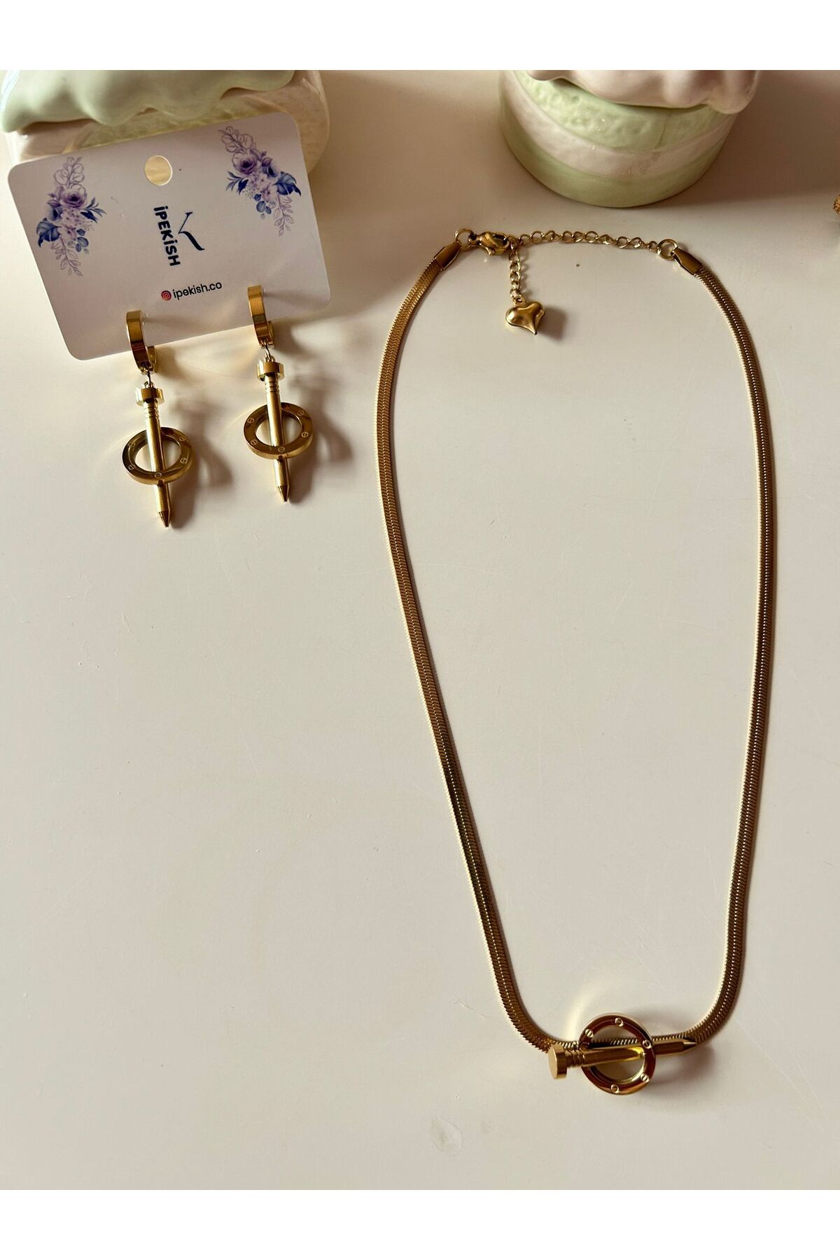 Cheecky Chic İpekish | Gold, Cartier, Çivi Model, Paslanmaz Çelik, İtalyan, Kolye ve Sallantılı Halka Küpe Seti