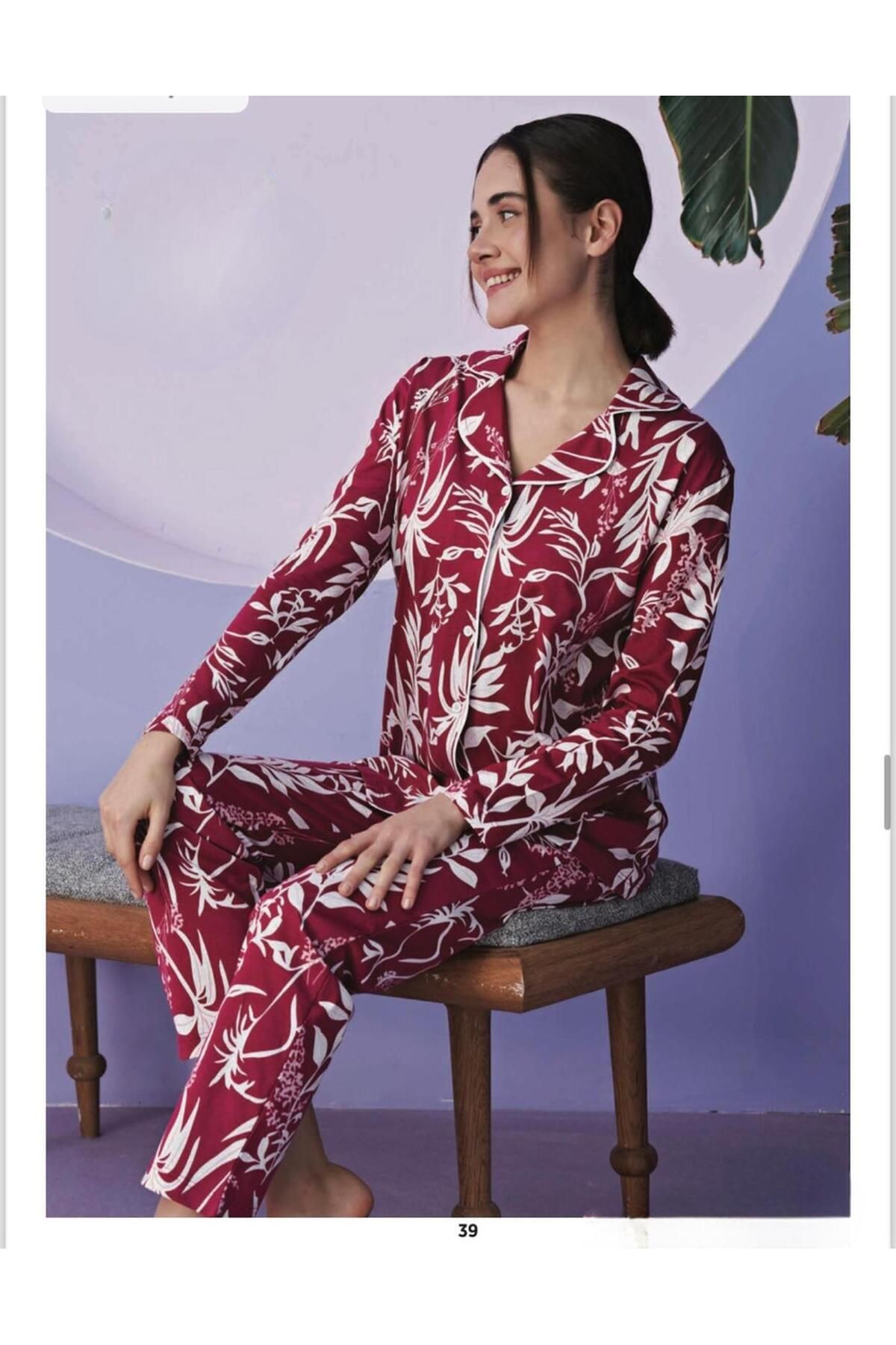 Miss Klein Kadın Büyük Beden Gömlek Yaka Pamuklu Likralı Uzun Kol Pijama Takımı 1129 - 1 Adet