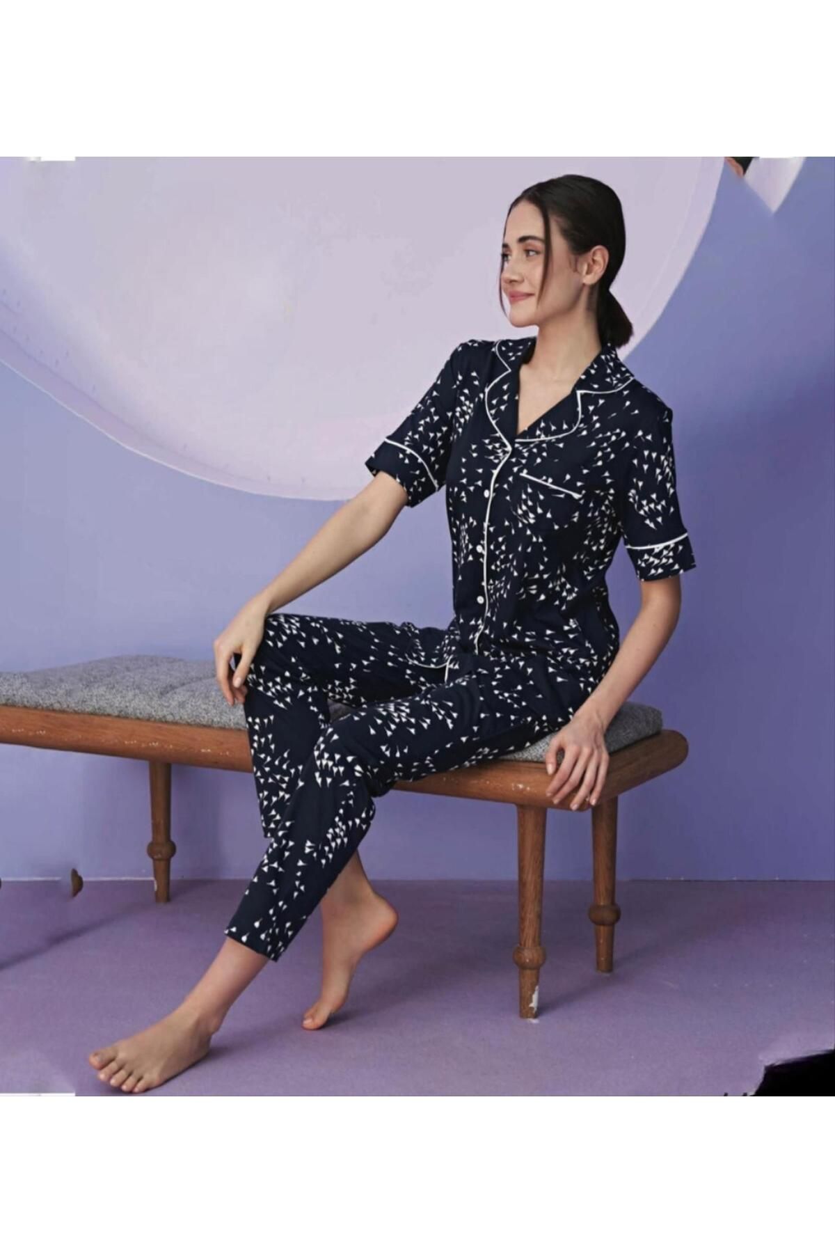 Miss Klein Kadın Büyük Beden Gömlek Yaka Pamuklu Likralı Kısa Kol Pijama Takımı 1130 - 1 Adet