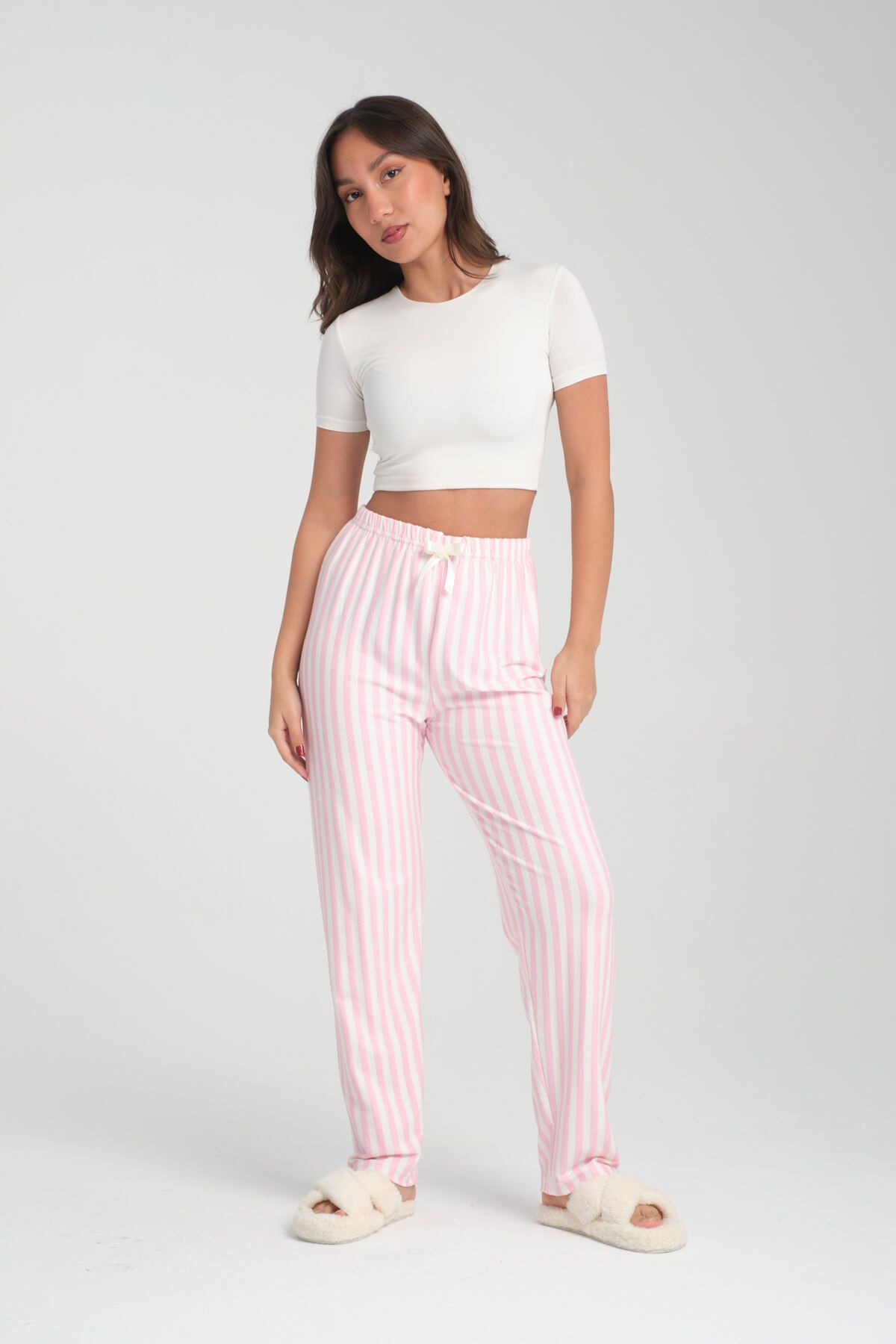 epixx giyim Kadın Pembe Beyaz Çizgili Pijama Altı %100 pamuk ev giyim