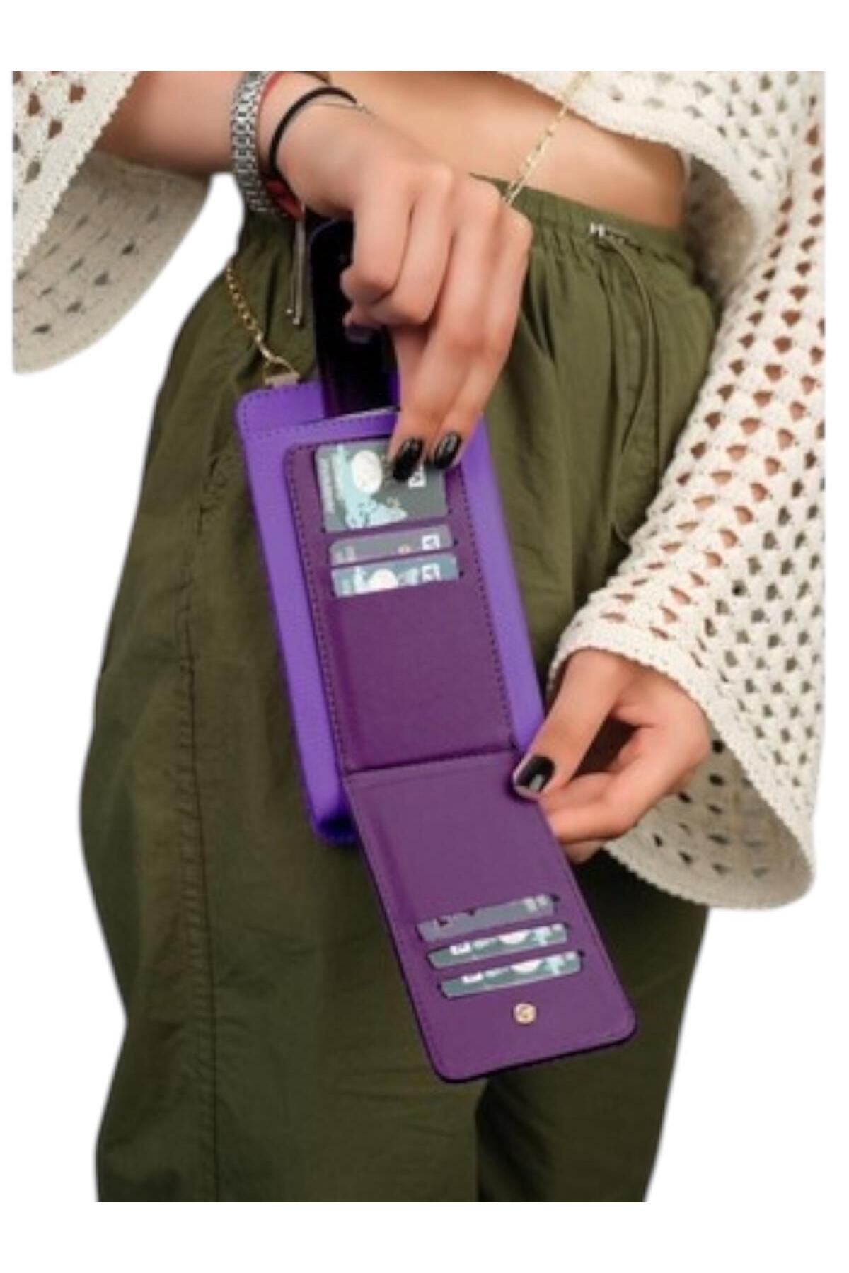 SIFIR312 Kadin Mor Çapraz Zincirli Telefon Çantası & Kartlık, Çapraz Askılı Zincirli Telefon Çantası & Cüzdan