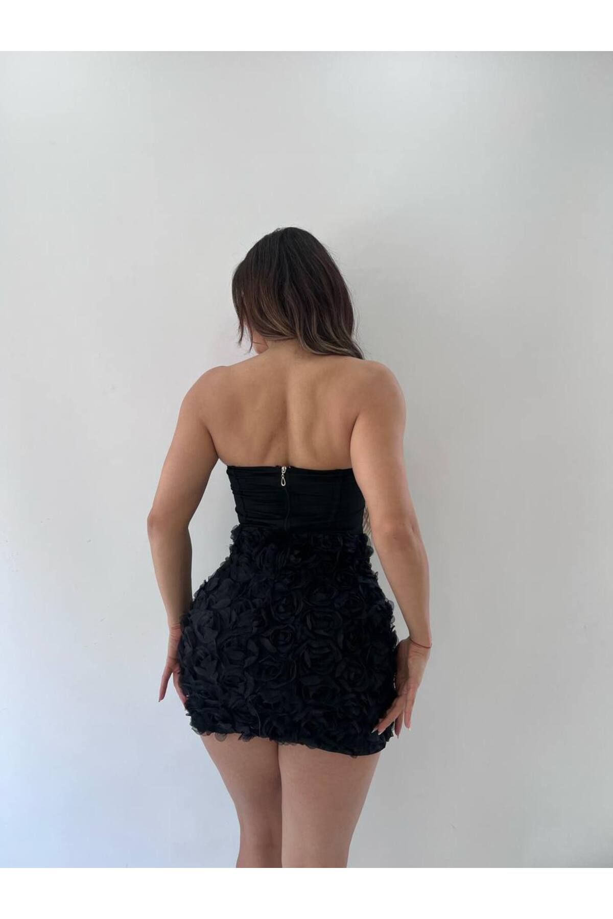 Castivo Fashion Straplez Gül Dokulu Mini Abiye Elbise