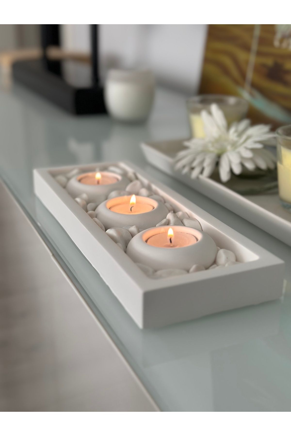 DEKORANLA Beyaz Beton Mumluk Tabaklı Taş Dekoratif Tealight Aydınlatma
