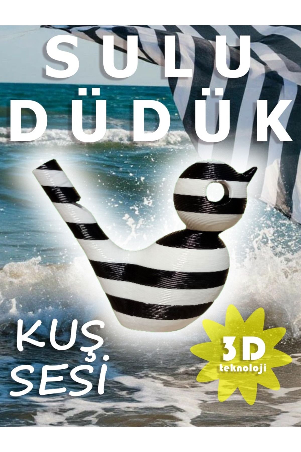 Kabajur Siyah Beyaz Çizgili Kuş Sesi Sulu Düdük - 3D Oyuncak Yaz Aktivite