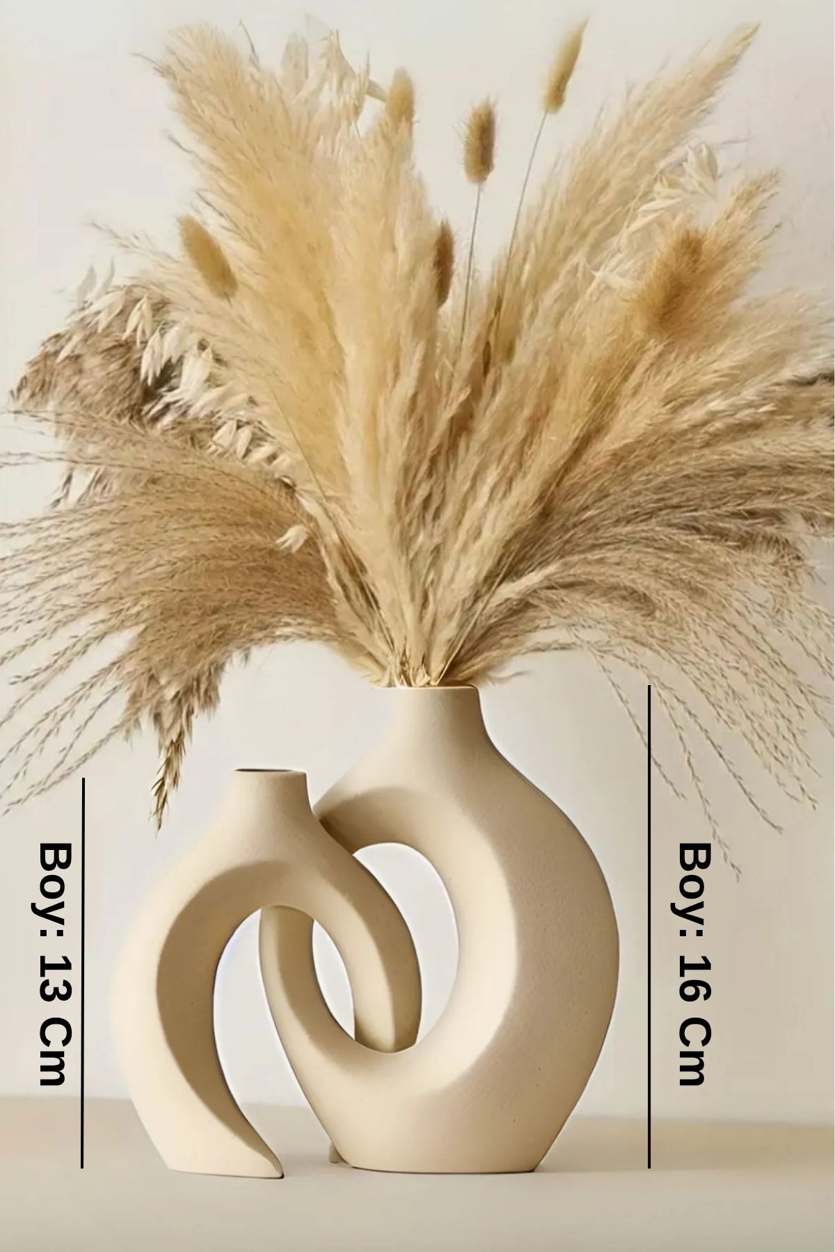 DEKORANLA 2'li 16cm Krem Vazo, Pampas, Dekoratif, Salon ve Masa Süsü