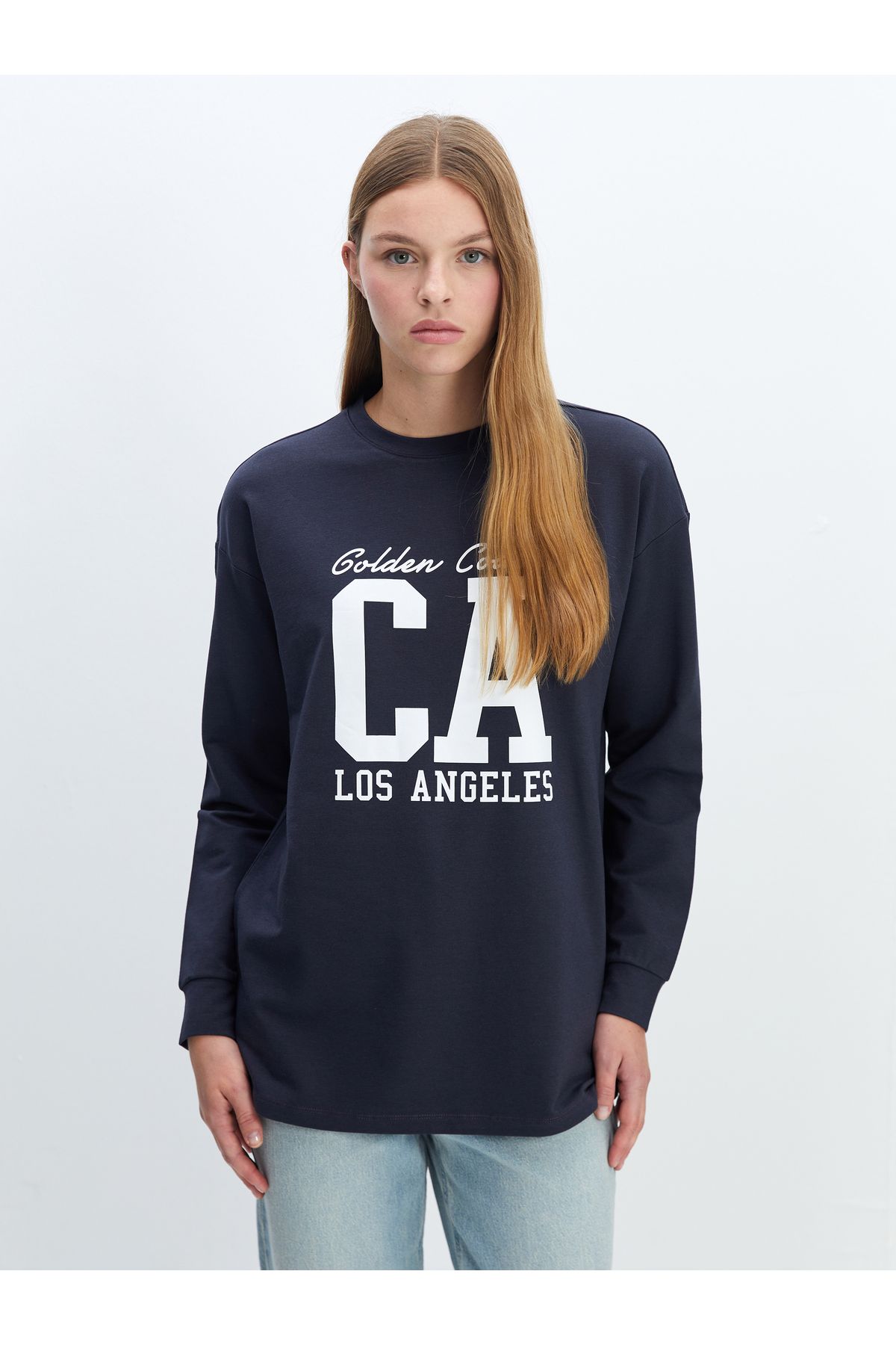 LC Waikiki Bisiklet Yaka Baskılı Oversize Kadın Sweatshirt Tunik