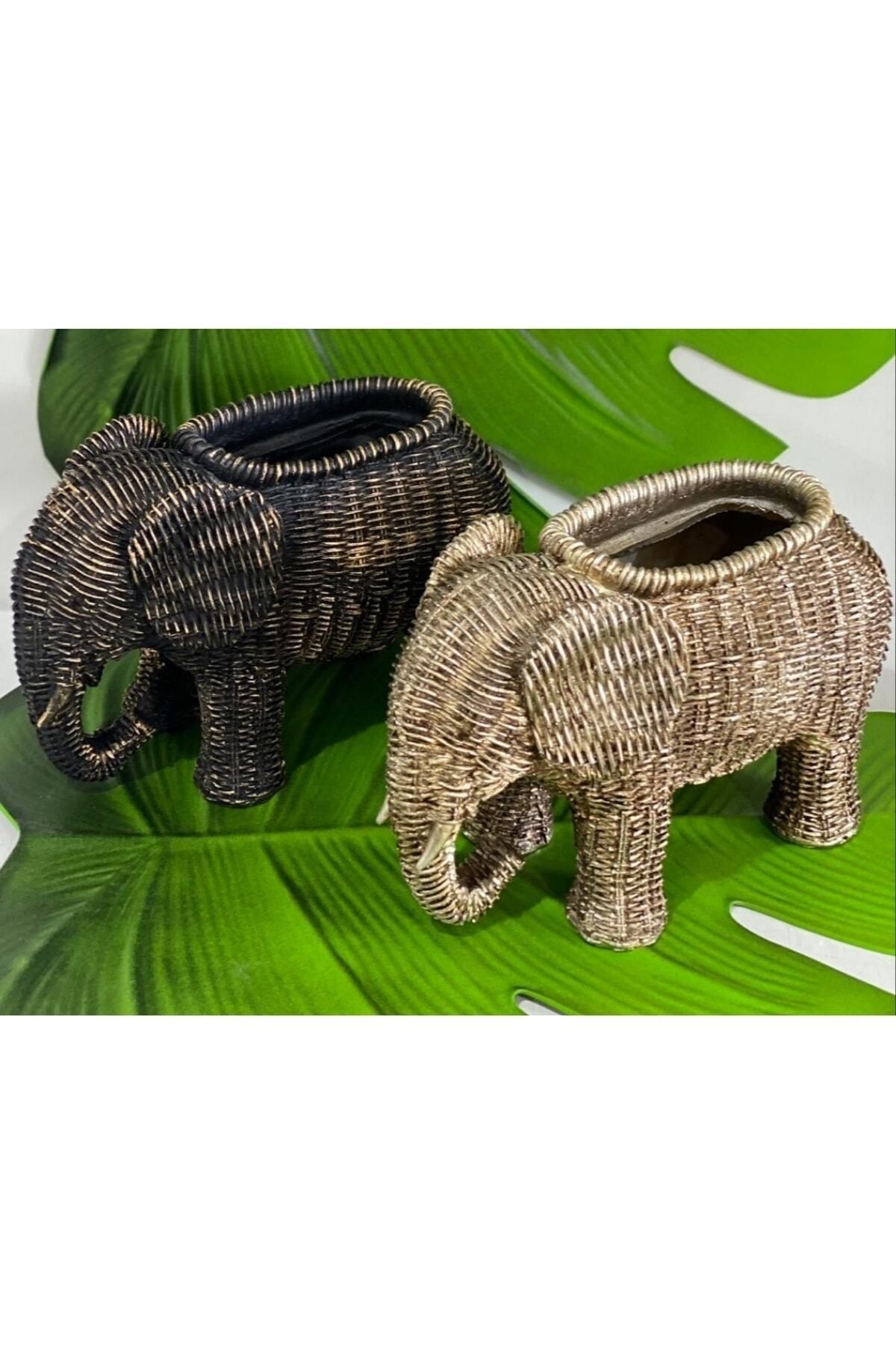 DEKORANLA Şık Siyah Polyester Dekoratif Hasır Fil Vazo 23x14.5cm