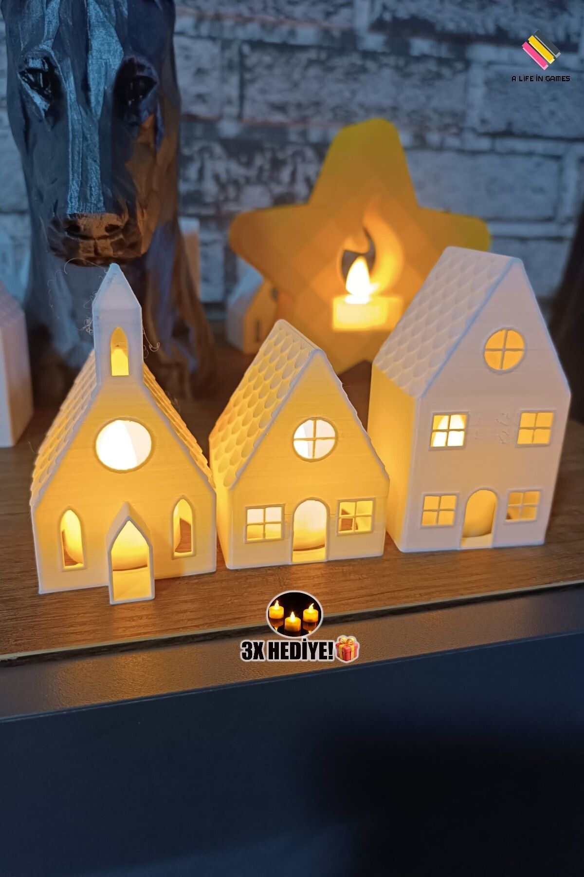 DEKORANLA Beyaz 3'lü Noel Evleri Dekoratif Led Mum Seti, 8cm Işıklı Şamdan, Ev ve Ofis Dekoru