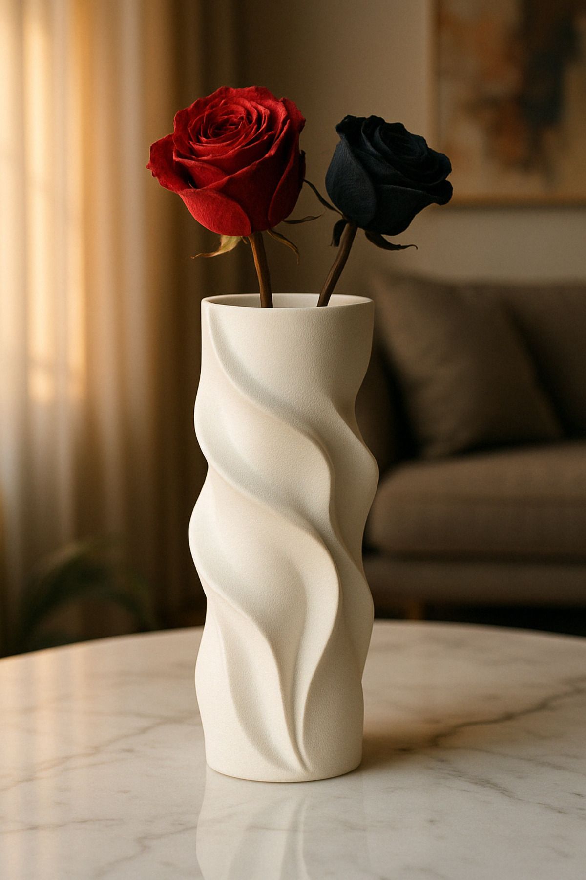 DEKORANLA Beyaz spiral modern dekoratif vazo, 3D kabartmalı minimal tasarım