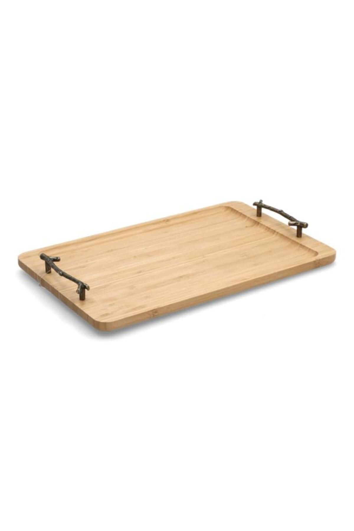 Generic-Bien Servi Durable Rectangular Bamboo Serving Tray with Metal Handle Brown 40 x 25cm G17-X344 4