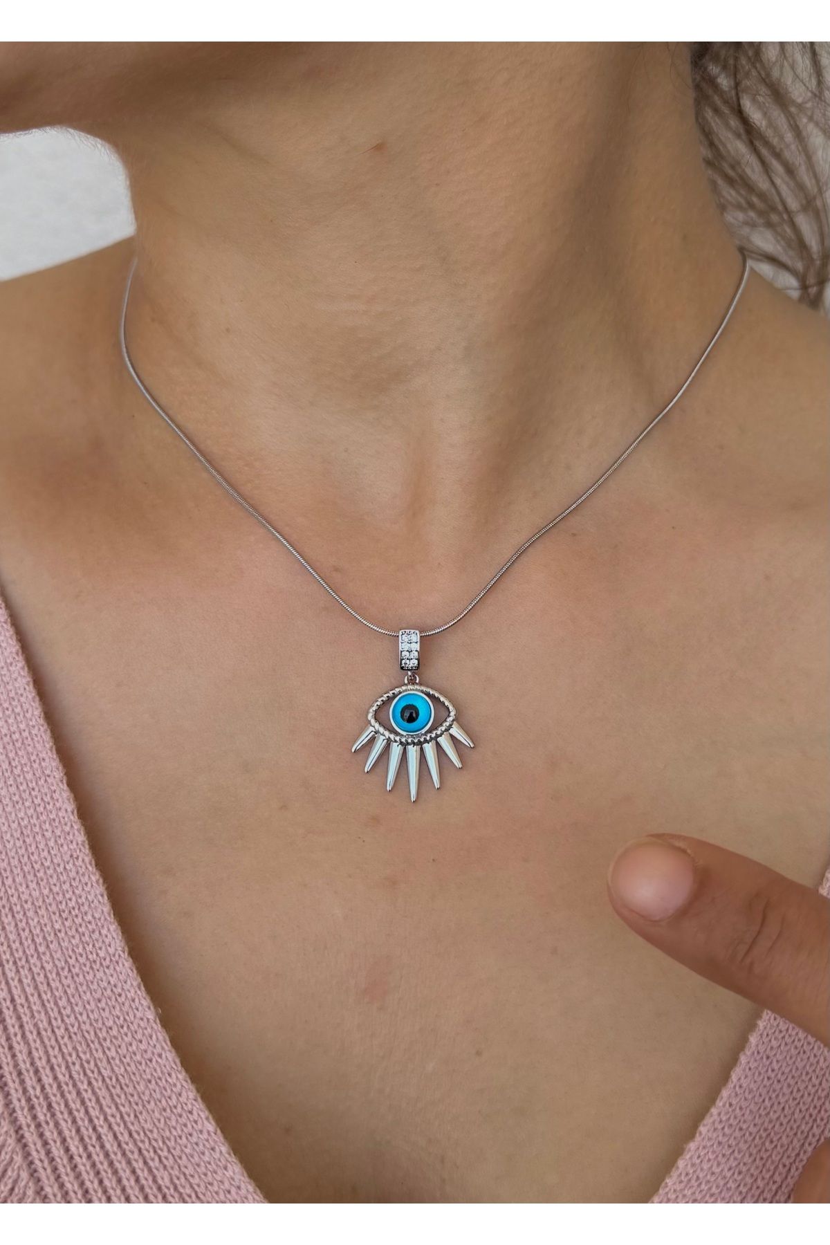 Home Sihra Accessories Çelik zincir mavi renk göz detaylı kolye gümüş renk