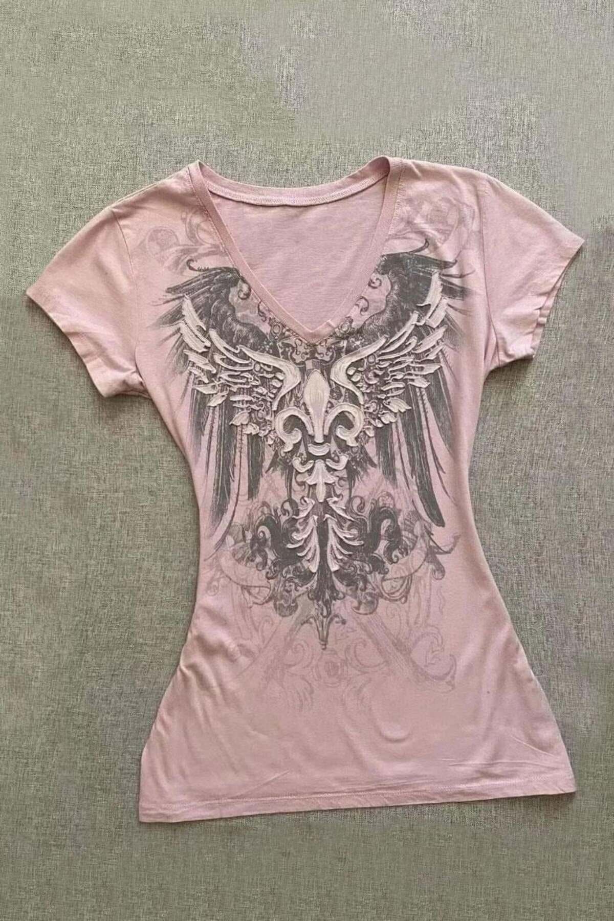 Köstebek Gothic Style Angel Wings Baskılı Pembe Kısa Kollu Body
