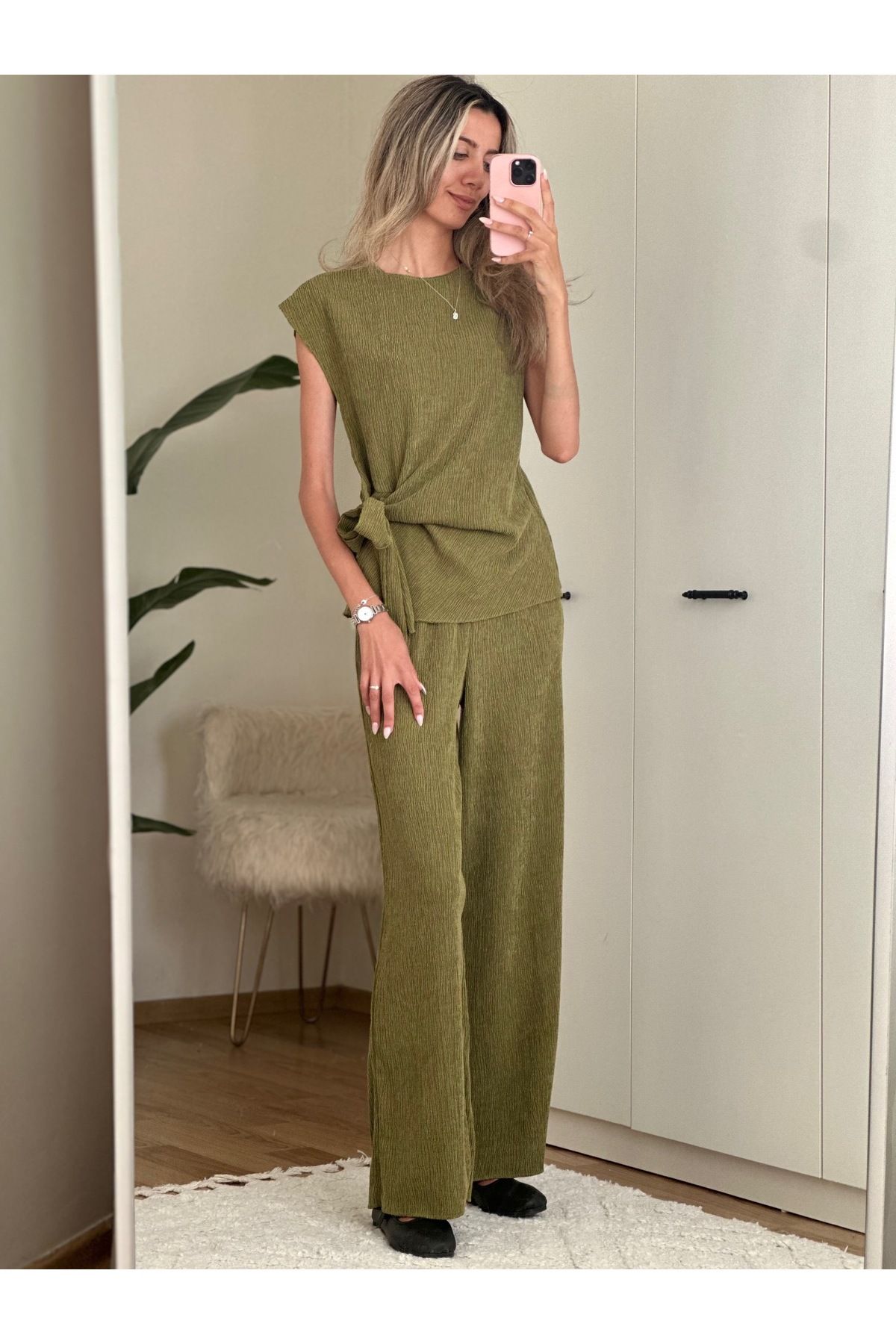 MODA Kadın Bağlama Detaylı Bluz Pantolon Takım