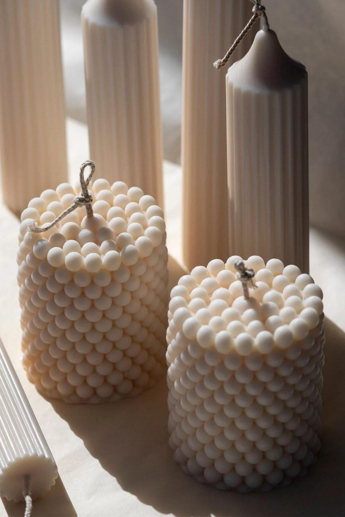 DEKORANLA İki Adet Bubble Silindir Mum, Krem Pudra Kokusu, Pearl Candle, Soya Wax, Vegan Mum